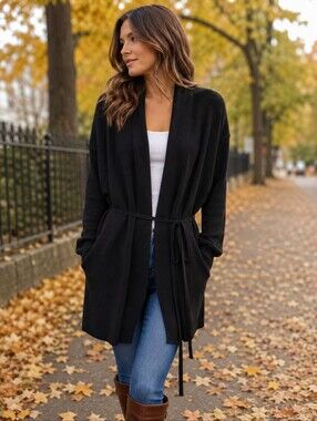 Philosophy Republic Clothing Black Open Front Belted Cardigan Size L